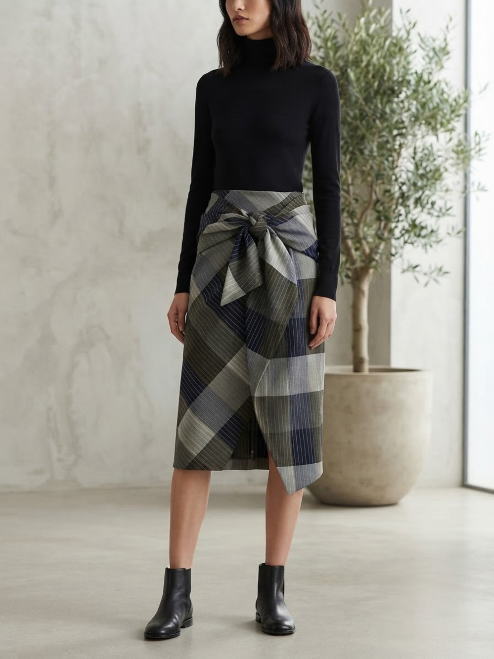 ZARA Grey & Navy Plaid Midi Wrap Skirt with Front Bow